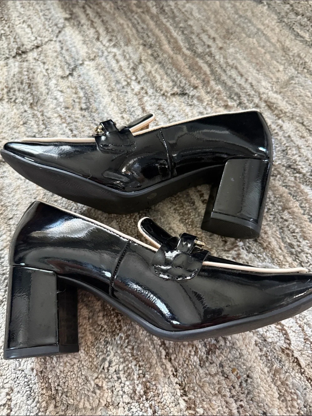 Liz Claiborne Patent Black Block Heel Loafers with Gold Bit Detail